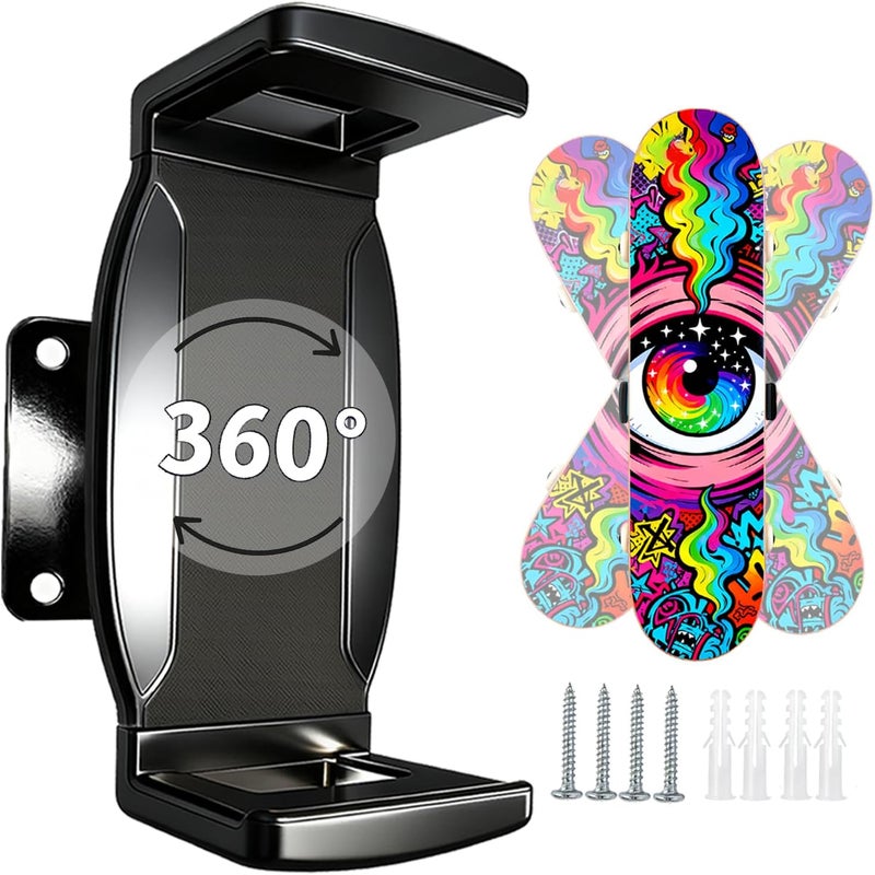 OOHGLITZ Skateboard Deck Wall Mount - Universal Skateboard Decor Accessory 360° Rotating Wall Hanger with Extending Clips for Floating Display, POM Plastic Longboard Rack & Storage Hardware Kit - Image 1
